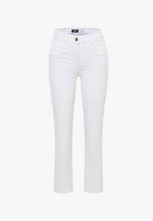Witte slim-fit damesjeans met knoopsluiting aan de voorkant, zakken en riemlussen, cropped lengte, gemaakt door het merk Cecil in maat 25/34.