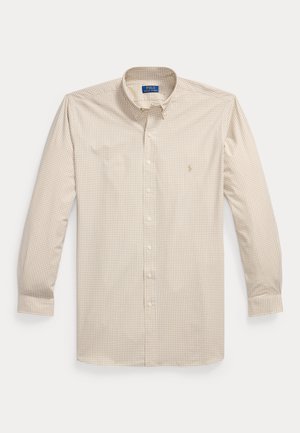 Beige og hvit rutete langermet skjorte med knapper, krage, mansjetter og brodert logo på venstre bryst.