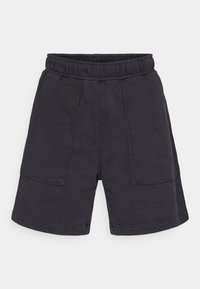 Bermudas com cintura elástica em mistura de algodão cinza escuro, apresentando dois bolsos frontais e um corte descontraído, com uma textura suave e bordas acabadas.