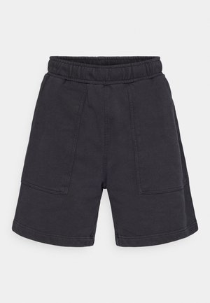 Šortky s elastickým pásom v tmavosivej bavlnenej zmesi, ponúkajúce dve predné vrecká a voľný strih, s hladkou textúrou a lemovanými okrajmi.