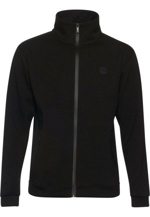 Melnā zip-up jaka ar augstu apkakli, gludu tekstūru, sānu kabatām un smalku sešstūra logotipu uz krūtīm. Iespēj tās garas piedurknes.