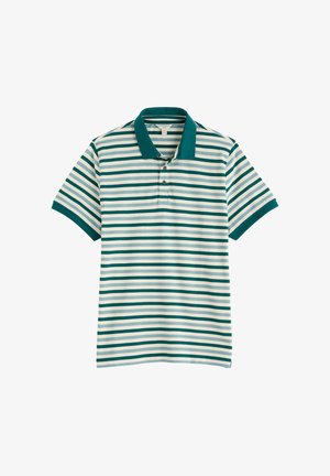 Polo met korte mouwen met horizontale strepen in teal en wit, teal kraag en een knoopsluiting.