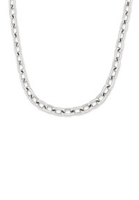 Zilverkleurige metalen ketting met in elkaar grijpende ovale schakels, gladde textuur en gepolijste afwerking, geschikt voor casual of formeel gebruik.