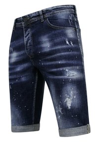 Denim shorts in een donkere wassing met een versleten patroon, voorzien van een rafelige zoom en vervaagde plekken, 5-pocket ontwerp en metalen knoopsluiting.