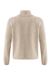 Beige knitted sweater with a high collar and ribbed texture. Features long sleeves and a relaxed fit with raglan seams.