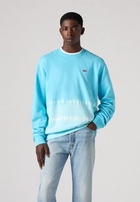 Lichtblauwe sweatshirt met een dip-dye effect dat overgaat in wit aan de onderkant, voorzien van een klein rood logo op de borst. Gepaarde met licht denim jeans.