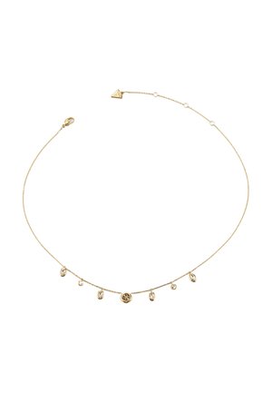 Delikatny naszyjnik ze złotego łańcuszka z małymi owalnymi i okrągłymi zawieszkami, z centralnym kwiatowym urokiem i trójkątnym zapięciem.