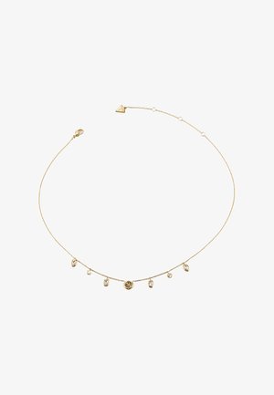 Delikatny naszyjnik ze złotego łańcuszka z małymi owalnymi i okrągłymi zawieszkami, z centralnym kwiatowym urokiem i trójkątnym zapięciem.