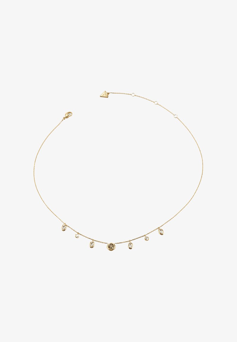 Collier délicat en chaîne dorée avec de petits pendentifs ovales et ronds, comprenant un pendentif floral central et un détail de fermoir triangulaire.