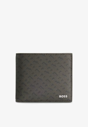 Portefeuille en cuir marron foncé avec motif gaufré. Présente le logo "BOSS" en blanc en bas à droite et des détails de couture fins. Design compact.