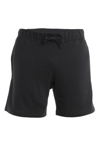 Pantalones cortos de algodón negros con cintura elástica, con un cordón para ajuste. Textura suave y diseño simple sin bolsillos.