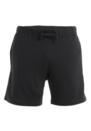 Black cotton shorts with an elastic waistband, featuring a drawstring for adjustment. Smooth texture and simple design without pockets.