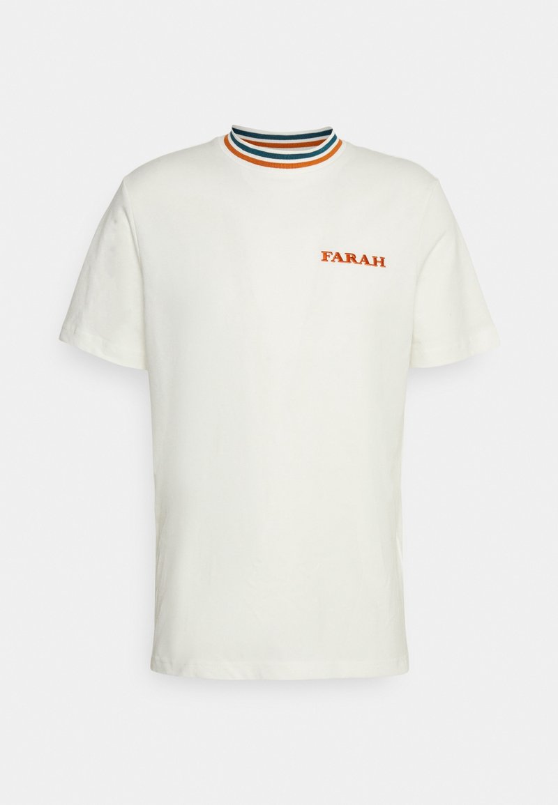 White cotton t-shirt with short sleeves, ribbed striped collar in blue, green, and orange, featuring orange "FARAH" logo on the chest.