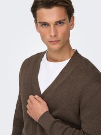 Cardigan marron avec un col en V, une texture tricotée et une fermeture à boutons. Porté par-dessus une chemise blanche, avec des manches longues et une coupe ajustée.