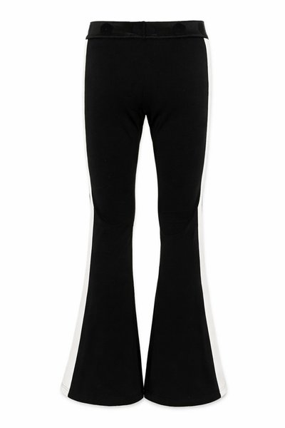 Pantalon évasé noir avec des bandes blanches latérales et une taille haute avec un détail subtil de nœud.