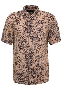 Camicia a maniche corte con bottoni in tessuto beige, decorata con un motivo a stampa leopardata nera; presenta un colletto e una chiusura frontale con bottoni.