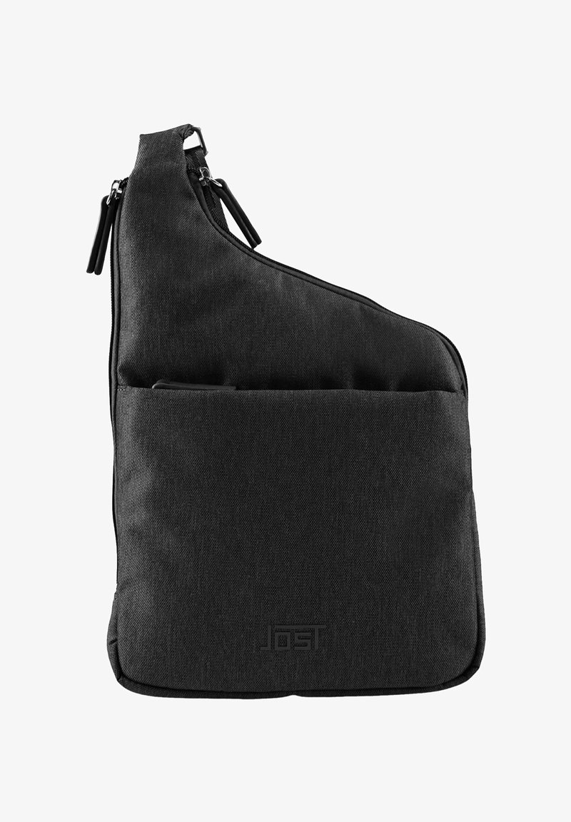 Borsa a spalla nera realizzata in tessuto testurizzato, caratterizzata da un design asimmetrico unico, chiusure con zip e una tasca frontale. Logo impresso sul fronte.
