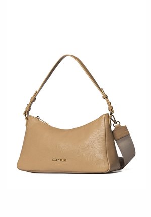 Sac bandoulière en cuir beige Marc Ellis avec sangle réglable, fermeture éclair dorée et logo doré sur le devant, présenté sur fond blanc.