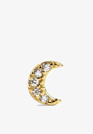 Gold crescent moon charm with five clear gemstones embedded along the curve, featuring a polished surface and textured detailing.