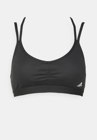 Melna sporta krūšturis ar regulējamām plānām siksnām, priekšā ir rautas detaļas un logo sānos. Izgatavots no gludas, elastīgas vielas.