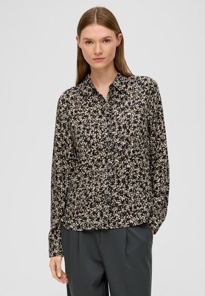Zwarte blouse met bloemmotief, kraag en knoopsluiting, gemaakt van lichtgewicht stof, met lange mouwen en een ontspannen pasvorm.