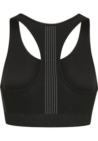 Svart sportbh med racerback-design, med ett rakt, strukturerat band och vertikala rader av små vita prickar för ventilation.