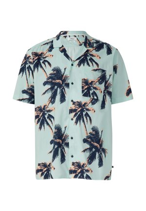 Koszula z krótkim rękawem zapinana na guziki w jasnoniebieskim kolorze z czarnym i brzoskwiniowym nadrukiem palm, posiada kieszeń na piersi oraz czarne guziki.