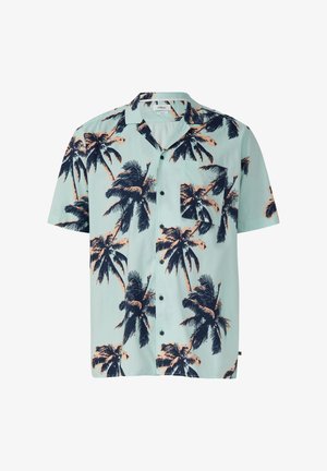 Koszula z krótkim rękawem zapinana na guziki w jasnoniebieskim kolorze z czarnym i brzoskwiniowym nadrukiem palm, posiada kieszeń na piersi oraz czarne guziki.