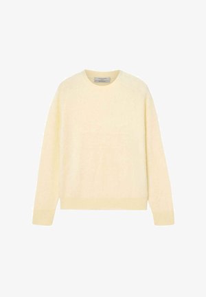 Lys gul sweater lavet af blødt stof med rund halsudskæring og ribkanter ved ærmerne. Enkel design uden mønstre eller metaldele.