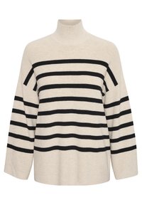 Beżowy sweter dziany z wysokim kołnierzem, szerokimi, opuszczonymi ramionami i czarnymi poziomymi paskami. Miękka tekstura o luźnym kroju.