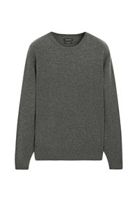 Grauer Strickpullover mit Rundhalsausschnitt, langen Ärmeln und gerippten Bündchen. Weicher Stoff, lässige Passform und minimalistisches Design ohne Muster.