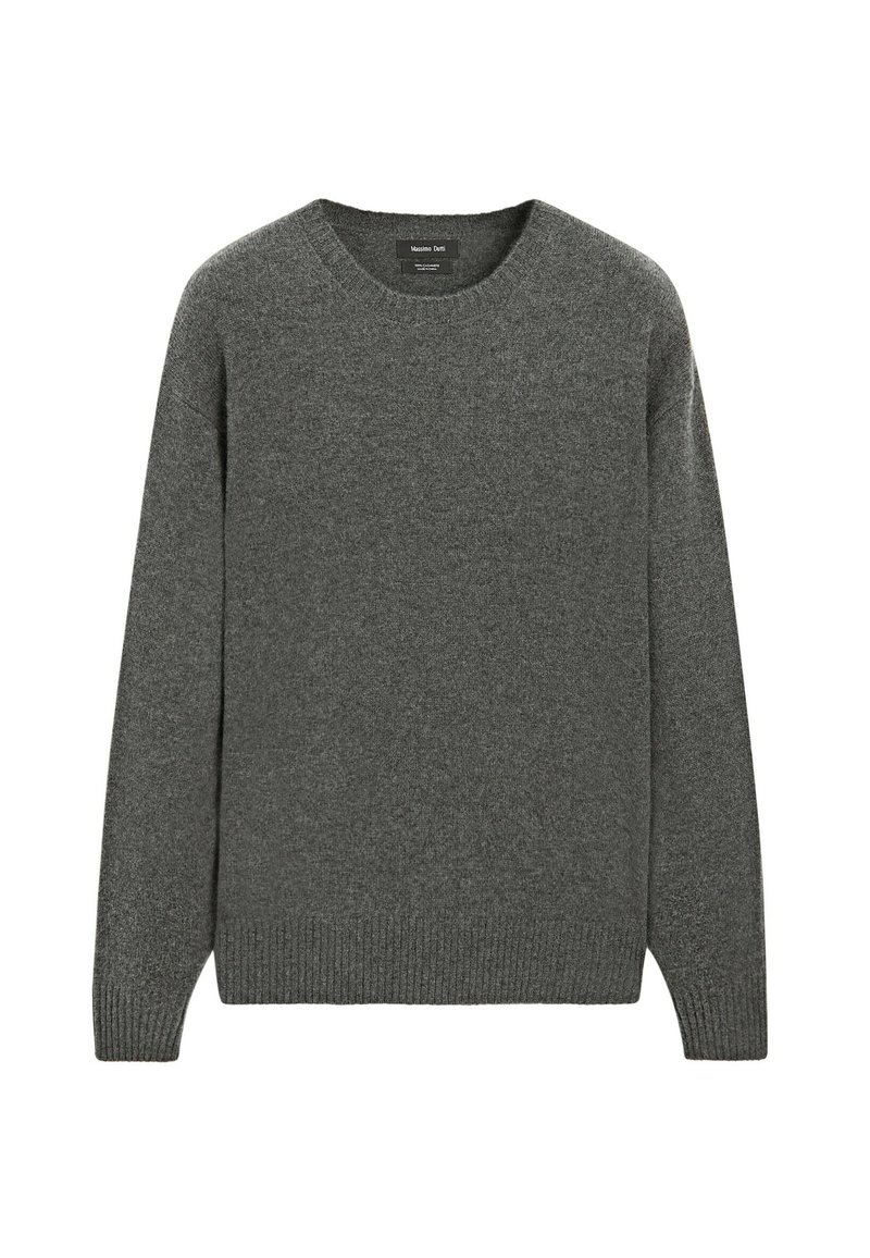 Grauer Strickpullover mit Rundhalsausschnitt, langen Ärmeln und gerippten Bündchen. Weicher Stoff, lässige Passform und minimalistisches Design ohne Muster.