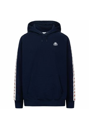 Felpa con cappuccio Kappa blu navy con tasca a marsupio frontale, cappuccio con coulisse regolabile e nastro con logo bianco sulle maniche.
