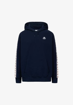 Felpa con cappuccio Kappa blu navy con tasca a marsupio frontale, cappuccio con coulisse regolabile e nastro con logo bianco sulle maniche.