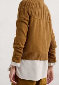 Pull en maille marron avec ourlet et manches côtelés, présentant un motif texturé sur les épaules, porté par-dessus une chemise de couleur claire.