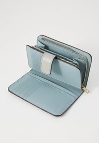 Light blue leather wallet with a gray accent and zippered compartments; features card slots and a textured finish.