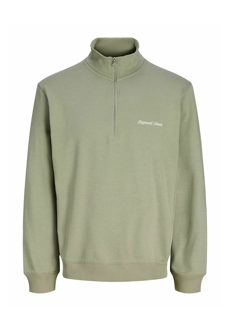 Svetlo zelena zip-up jopica, z ribanim ovratnikom in manšetami, mehak teksturiran material, z vezenjem "Originals" na levi strani prsi.