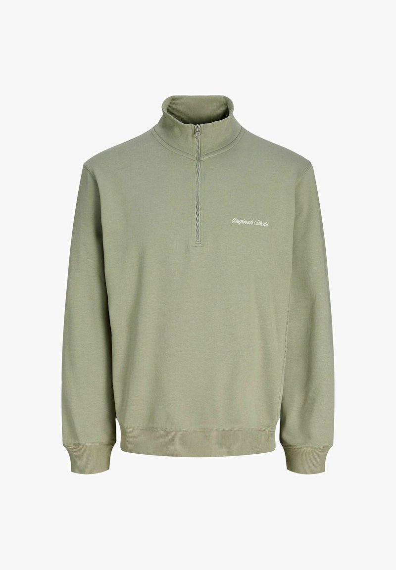 Svetlo zelena zip-up jopica, z ribanim ovratnikom in manšetami, mehak teksturiran material, z vezenjem "Originals" na levi strani prsi.