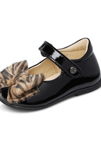 Scarpa Mary Jane in vernice nera con un fiocco in pelliccia artificiale a motivo strisce di tigre, cinturino regolabile con un accento di stella argentata.