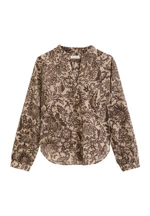 Beige blouse with dark brown intricate floral and leaf pattern, long sleeves, round neckline, and a V-shaped front opening.