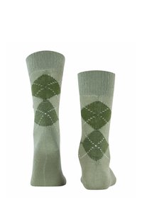 Calze argyle verdi con un motivo a diamante in diverse tonalità di verde, lavorazione a maglia morbida, polsini a costine e punta rinforzata.