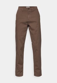 Brown cotton trousers with a straight-leg design, featuring a front pocket, a button closure, and a smooth, matte texture.