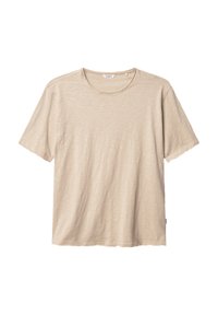 Beige short-sleeve T-shirt made of soft fabric, featuring a rounded neckline, relaxed fit, and subtle texture. No visible patterns or accents.