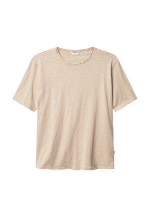 Beige T-Shirt mit kurzen Ärmeln aus weichem Stoff, mit einem runden Ausschnitt, lässiger Passform und subtiler Textur. Keine sichtbaren Muster oder Akzente.