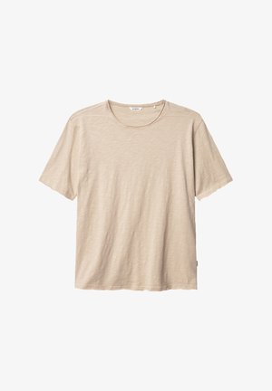 Beige short-sleeve T-shirt made of soft fabric, featuring a rounded neckline, relaxed fit, and subtle texture. No visible patterns or accents.