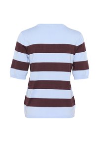 Top a maniche corte a righe in azzurro chiaro e marrone scuro. Presenta un colletto rotondo e una vestibilità comoda. Tessuto morbido, adatto per un abbigliamento casual.