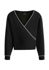 Črna dolga majica z zapiranjem na preklop, z belo obrobo na izrezu in manšetah, rebrastimi zapestnimi manšetami in rahlo skrajšanim krojem.