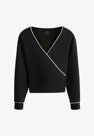 Zwarte top met lange mouwen in wikkelstijl, witte biezen langs de halslijn en manchetten, geribbelde polsmouwen en een licht cropped pasvorm.