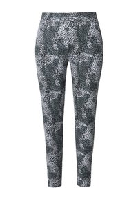 Leggings a stampa leopardata in nero, grigio e bianco, con vita elastica e design aderente. Texture liscia con una finitura seta.