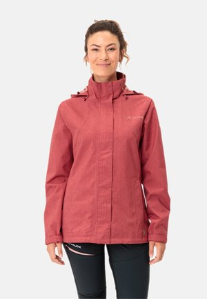 Red waterproof jacket with a high collar, adjustable drawstrings, and a smooth texture. Features logo on chest; designed for outdoor use.